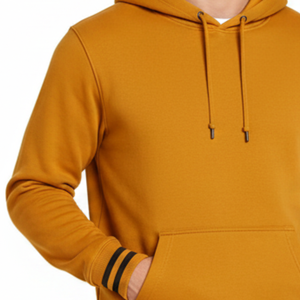 Sudadera con capucha para hombre, color amarillo mostaza, con puños negros a rayas, estilo streetwear, con logotipo personalizado OEM. - Product Image 3