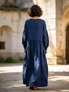 Robe longue blanche de style bohème pour femmes, manches longues, coupe ample, fluide, en coton et lin, légère, robe longue de vacances - Product Image 2