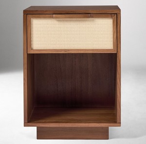 Modern Wood Nightstand With Rattan Weave Drawer <b>Storage</b> Midcentury Design Bedroom Furniture Single Drawer <b>Bedside</b> Table - Product Image 3