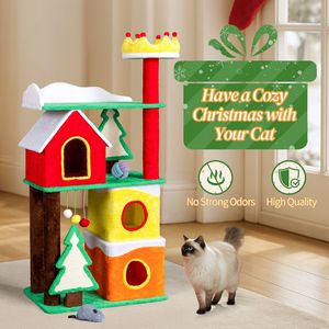 Albero per Gatti a Tema Natalizio da 56 Pollici, Torre per Gatti a Più Livelli con Cuccia a Corona, Rampa in Sisal e Tiragraffi, Grande Cuccia per Gatti in Cartone - Product Image 4
