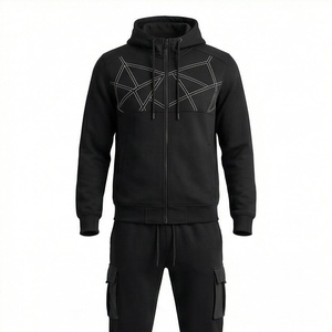 Men's Black Geometric Hooded <b>Tracksuit</b> Full Zip Casual Sportswear With Side Pockets Regular Fit Autumn Wear - Product Image 1