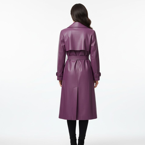 Elegant <b>Purple</b> Real Leather Windproof Breathable <b>Trench</b> <b>Coat</b> Long Length Turn-down Collar Zipper Closure Winter Unisex Outerwear - Product Image 2