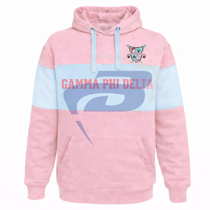 Sweat à capuche Gamma Phi Delta GPD Sorority rose et bleu clair, hiver, coupe courte, avec broderie et passepoil, vêtements universitaires - Product Image 1