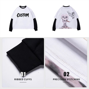 <b>Men's</b> Oversized Long Sleeve T-<b>Shirt</b> <b>Skull</b> Print Contrast Trim Street Style O-Neck Cotton Knitted Fit - Product Image 5