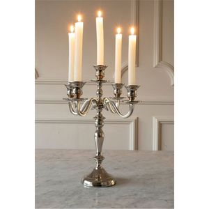 Candelabro de Metal Plateado de Lujo al por Mayor, Centro de Mesa de 5 Brazos, Elegante Decoración para Bodas, Fiestas y Hogar, Portavelas Cónicos - Product Image 1
