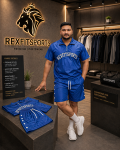 REXFIT SPORTS 2026 Conjunto Deportivo Personalizado para Hombre, Camiseta Azul Premium de Nailon con Media Cremallera y Pantalones Cortos, Ropa Deportiva Transpirable - Product Image 4