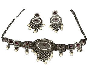 Vintage Oxidized Silver <b>Ruby</b> Engagement Lovers Bridal Choker Set Pearl Drop <b>Necklace</b> Earrings Boho Wedding Anniversary Gift - Product Image 4