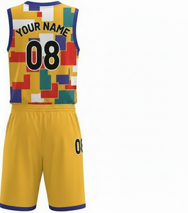 Ensemble de maillots de basket-ball sublimés personnalisés, couleur jaune, col en V, sans manches, séchage rapide, vêtements unisexes pour adultes - Product Image 4