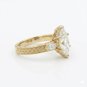 Vintage Marquise Engagement Ring Lab Grown Diamond 14K Gold Hand Engraved Heirloom Ring Filigree Wheat Band with Milgrain Edges - Product Image 4