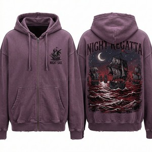 Custom Purple Vintage Wash Hoodie Mens Streetwear Heavyweight Oversized Graphic Ship Print Manufacturer Pullover Sweatshirt - Product Image 1