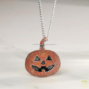 Designer Pumpkin Face Pendant Necklace With Orange Moissanite Diamonds Iced Out Streetwear Jewelry Style - Product Image 3