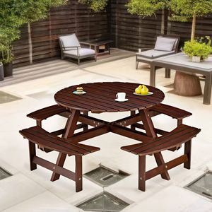 Outdoor 6-Person <b>Round</b> Picnic <b>Table</b> with 3 Built-In Benches Umbrella Hole <b>Garden</b> <b>Table</b> Bench Set for Picnics - Product Image 3