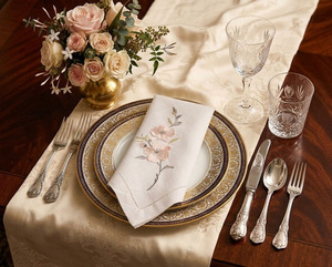 Custom Wholesale <b>Cloth</b> Napkin White <b>Linen</b> Full Sizes Embroidered Peach Blossom Dinner Napkin Washing Hemstitch <b>Table</b> Napkin - Product Image 1