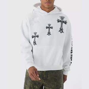 Sweat-shirt à capuche blanc pour homme avec imprimé croix, en molleton, style streetwear, mode hiver - Product Image 3