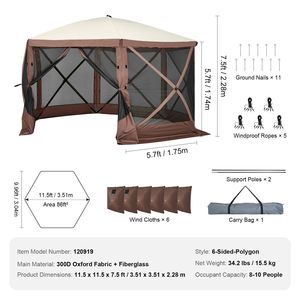 Carpa Gazebo Plegable de Una Sola Capa con 6 Lados y Toldo, Protección Solar con Ventanas de Malla y Cortinas de Privacidad de 11.5x1, Pantalla Extraíble - Product Image 4