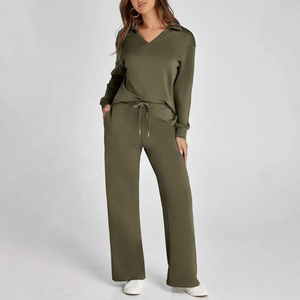<b>Women's</b> Green <b>V</b>-<b>Neck</b> <b>Sweatshirt</b> Tracksuit Full Sleeve Solid Color Loose Fit Casual Autumn Wear With Side Pockets Elastic Waist - Product Image 4