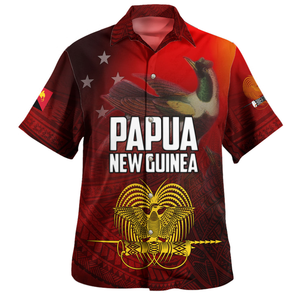 Camisa de Hombre de Papúa Nueva Guinea, Color Rojo, Estampado de Aves, Manga Corta, Texto Blanco, Patrón Tradicional, Ropa Isleña - Product Image 4