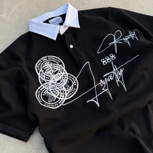 Custom Streetwear Polo T <b>shirts</b> Men Black Short Sleeve <b>Y2K</b> Graphic Printed Contrast White Lapel Collar Casual Polo <b>Shirt</b> - Product Image 2