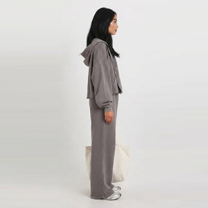 Oversized Mineral Wash Tracksuit Women Heavyweight Fleece <b>Full</b>-<b>Zip</b> <b>Hoodie</b> With Pockets Matching Sweatpants Set Dark Charcoal Gre - Product Image 3