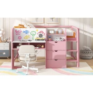 Letto a soppalco basso bianco e rosa a grandezza naturale con scrivania integrata, armadietti contenitori, libreria aperta e lavagna per graffiti - per camerette dei bambini (ETA 7/8) - Product Image 5