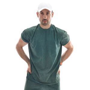 T-shirt décontracté à manches courtes et col rond pour homme, vert forêt délavé, en coton doux, style streetwear pour tous les jours - Product Image 2