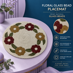 Burgundy <b>Gold</b> Floral Glass Bead <b>Placemat</b> Olive Green Leaves | Modern Handmade Decorative Dining Table Mat Elegant Beaded Home - Product Image 5