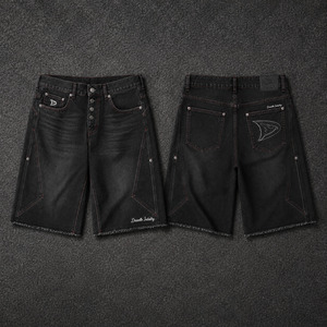 Men’s Baggy Denim Jorts Raw Black Y2K Streetwear Shorts with Red Contrast Stitching, Logo Embroidery & Frayed Hem - Product Image 1