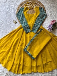 Salwar Kameez jaune long jusqu'au sol avec dupatta bleu imprimé, tenue de fête traditionnelle indienne, costume Anarkali ample pour femmes - Product Image 4