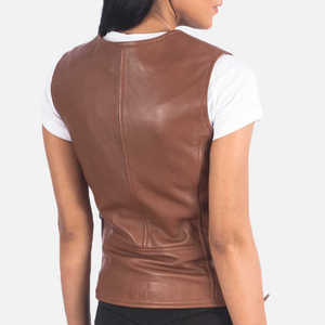 Chaleco de cuero para mujer, marrón, informal, sin mangas, con cuello redondo y cremallera, top de otoño, superventas, a la moda, estilo motero, prenda exterior, abrigo, tops - Product Image 2