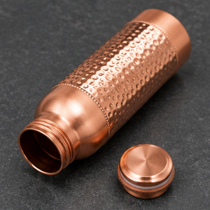 Designer Copper Water <b>Bottle</b> for Office with Central Hammered Texture Eco Friendly Portable Travel <b>Flask</b> - Product Image 1