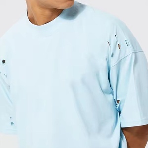 Camiseta Personalizada Extra Grande para Hombre, Color Azul Claro, Cuello Redondo, Estilo Urbano, 100% Algodón Jersey, Transpirable, Diseño Desgastado - Product Image 3