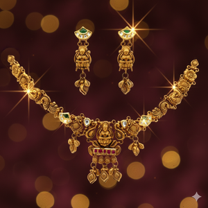 Ensemble collier et boucles d'oreilles en or antique 22 carats certifié BIS - Bijoux de temple traditionnels faits à la main en AU916 - Product Image 2
