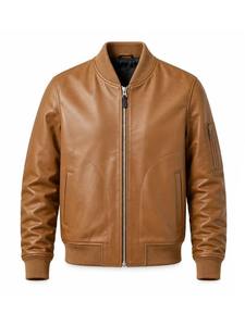 Blouson aviateur en cuir véritable marron pour homme, col montant, fermeture éclair, coupe classique, pour l'automne - Product Image 1