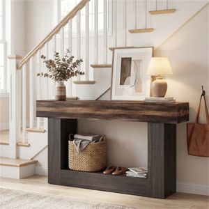 Consolle da ingresso stretta a 2 livelli, lunga 160 cm, con protezione anticaduta, stile rustico, per soggiorno e corridoio, con spazio contenitivo - Product Image 2