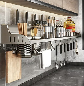 Drill-Free Wall Mount Kitchen Storage Rack with <b>Hooks</b> Space Aluminum Spice Organizer <b>Shelf</b> for Condiments Utensils Kitchen Tools - Product Image 2