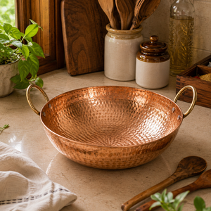 Premium Hand Hammered Pure Copper Kadhai with Brass <b>Handles</b> Traditional Indian Serving Bowl Heavy Duty Kitchen Cookware for Home - Product Image 2