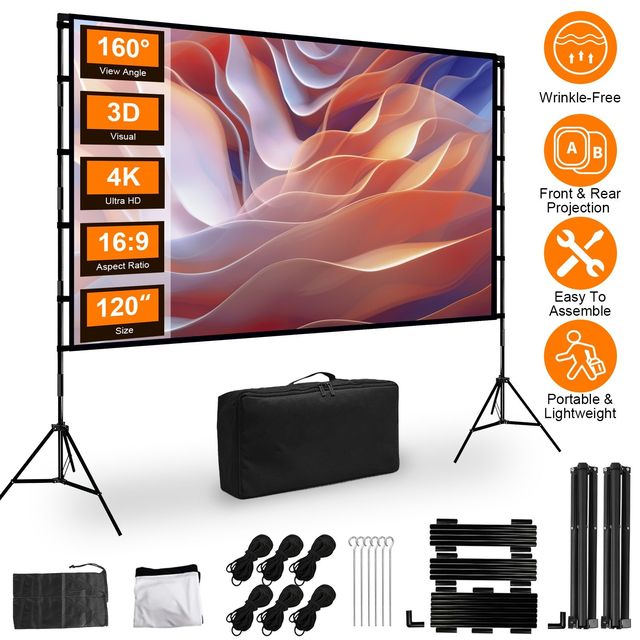 Portable 100-120" Projector Screen Stand Foldable Anti-Crease HD 4K Movie Screen for Outdoor/Indoor Home Theater Use
