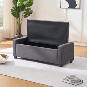 Panca contenitore imbottita in finto lino da 48 pollici con braccioli, in tessuto, per camera da letto, soggiorno e ingresso, ideale per riporre oggetti all'ingresso della camera da letto - Product Image 6