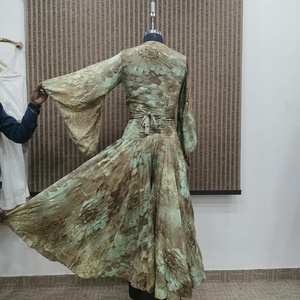 <b>Women</b> Floral Print Chiffon Dress Set V Neck Wrap Top Bell Sleeve <b>Maxi</b> A Line <b>Skirt</b> - Product Image 4