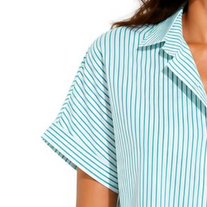 Camisa corta a rayas verde menta y blanca personalizada para mujer, con logotipo bordado personalizado, manga corta, abotonada, informal, blusa de verano, OEM - Product Image 3