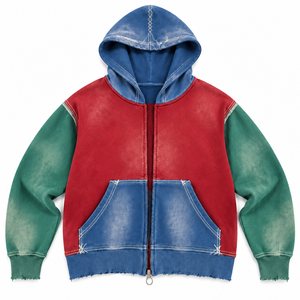 Sweat à capuche zippé personnalisé pour homme, style patchwork color block hiver, coupe oversize, en molleton de coton épais, streetwear, avec appliqué graphique et effet vieilli - Product Image 3