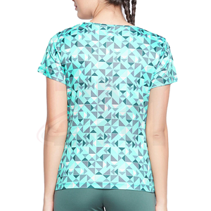 T-shirt à manches courtes pour femme, imprimé géométrique, col rond, tissu tricoté à séchage rapide, style sportif, à porter au printemps et en été - Product Image 2