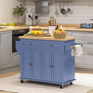 Carrello da Cucina Moderno Blu Navy su Ruote con Piano in Rovere e Legno di Gomma, Porta Spezie, Portasciugamani, Cassetti, Design Portatile - Product Image 2