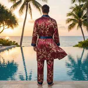 Bata de Baño Floral Roja para Hombre, Conjunto de Salón de Seda Mítica, Bata Kimono de Lujo Estilo Resort, Ligera y Cómoda para el Hogar - Product Image 3
