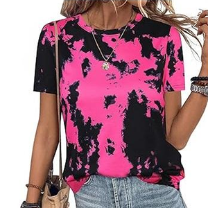 Camiseta de Manga Corta con Cuello Redondo y Estampado Tie Dye Rosa y Negro para Mujer, Estilo Casual Holgado de Tela Jersey para Primavera/Verano - Product Image 3