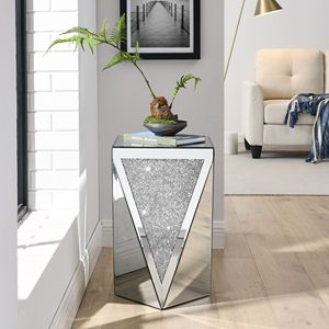 Inverted Triangular <b>Silver</b> Glass <b>Console</b> <b>Table</b> with Square Crystal Diamond Inlay for Corridors and L-Shaped Areas - Product Image 2