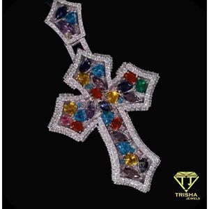Pendentif Croix en Diamant de Laboratoire de Créateur, Argent Sterling 925, avec Accents de Pierres Colorées, Bijou Tendance - Product Image 6
