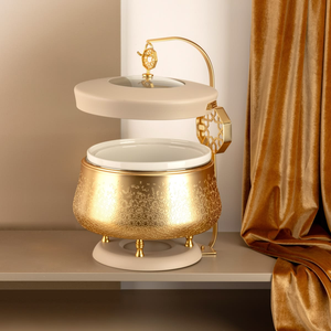Majestic gold soup tureen with a lattice-patterned base and <b>heart</b>-shaped handle. Available at wholesale prices. - Product Image 3