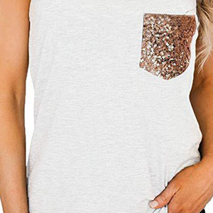 Débardeur gris sans manches pour femme avec poche à paillettes, col rond, gilet décontracté en coton tricoté - Product Image 4
