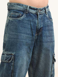 Pantalon cargo en jean délavé mi-taille coupe ample pour homme, en coton mi-lourd, écologique, résistant à la décoloration, bleu automne, avec poches - Product Image 3